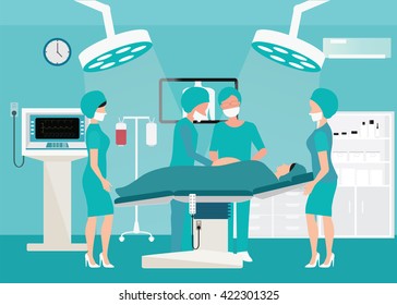 Mecial team delivering baby in operation room interior at the hospital with medical equipment , Medical hospital surgery vector illustration.