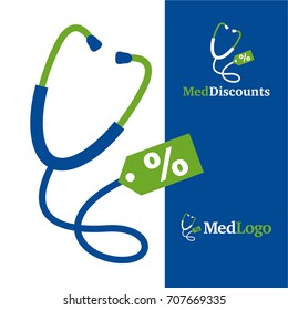 Med Discounts - Vector Illustration. An icon and logo examples featuring a stethoscope and a price tag.