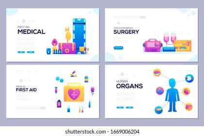  Med flyear, web banner, ui header, gib site. Einladungskonzept. eine flache Illustration der medizinischen Symbole setzen. Hintergrunddesign der Vektorillustration.
