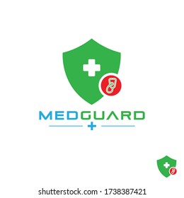 Med Guard Logo Design Template-Medical shield logo, Protected steel guard shield concept. Safety badge steel icon, Security safeguard metal label. Presentation chrome sticker shape