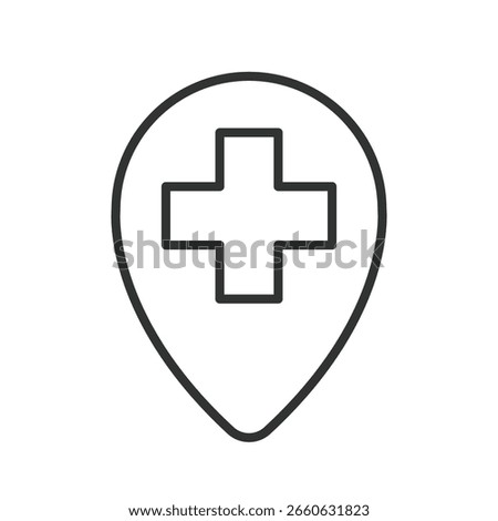Med location, icon in line design. Med location, hospital, pin, map, healthcare, clinic, GPS on white background vector. Med location, editable stroke icon
