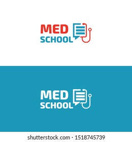 Med School. Medicine Education Logo. Stethoscope And Book