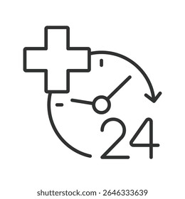 Med support 24, icon in line design. Emergency care, 24 hour healthcare, urgent medical aid, health hotline on white background vector. Med support 24, editable stroke icon