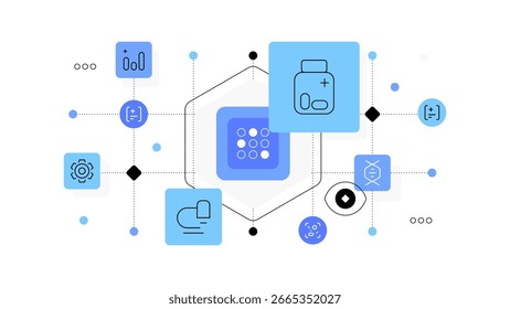 Tecnología médica. Desarrollo e investigación médica. Anuncio de Web, ilustración plana. Archivo de Vector.