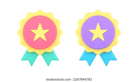 Medal achievement award badge star ribbon championship winner assurance warranty 3d icon set realistic vector illustration. Victory trophy advantage mark success guarantee excellent triumph prize