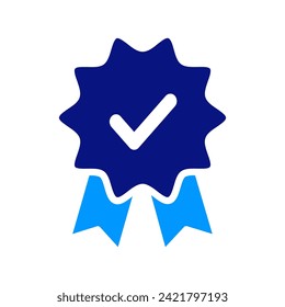 Medal, Approved Successful Icon, Quality Control. Tick Check Mark. Achievement, award. Verified badge, Verification. Authenticity. Recommended. Competitive terms. Satisfaction Guarantee. High quality.