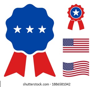 Medal award icon in blue and red colors with stars. Medal award illustration style uses American official colors of Democratic and Republican political parties, and star shapes.