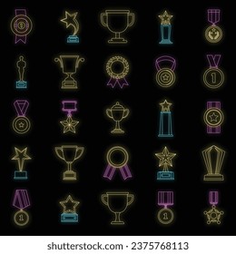 Medal award icon set. Outline illustration of 25 medal award vector icons neon color on black