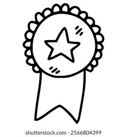 medal award with sun and star shape hand drawn outline illustration