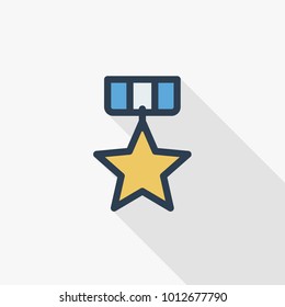 Medal, award thin line flat color icon. Linear vector illustration. Pictogram isolated on white background. Colorful long shadow design.