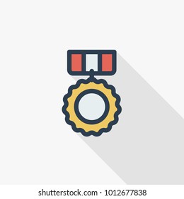 Medal, award thin line flat color icon. Linear vector illustration. Pictogram isolated on white background. Colorful long shadow design.