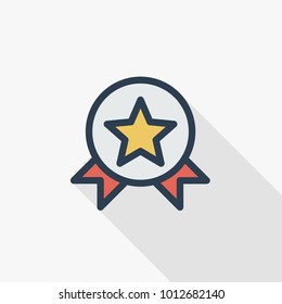 Medal, award thin line flat color icon. Linear vector illustration. Pictogram isolated on white background. Colorful long shadow design.