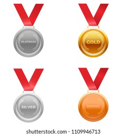 Medal Award Vector In Four Colors, Platinum, Gold , Silver , And Bronze