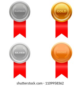 Medal Award Vector In Four Colors, Platinum, Gold , Silver , And Bronze