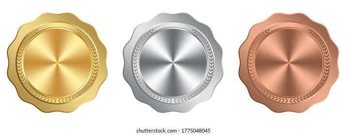 Medal Award vector set in gold, silver and bronze on white isolated background.