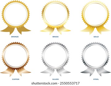 Medalla Premio Vector en oro, plata y bronce sobre fondo aislado blanco. Insignia de calidad premium de oro, roseta con cinta