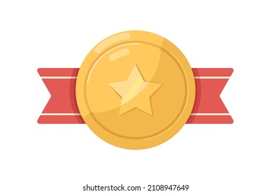 Medal badge with hero star and red ribbon. Gold military award. Honor and pride soldiers reward. Round medallion, emblem. Realistic colored flat vector illustration isolated on white background