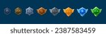 Medal and badge with star and wings for game ui level rank design. Cartoon vector illustration set of various colorful hexagon gui award labels and trophy for achievement. Medieval reward emblem.