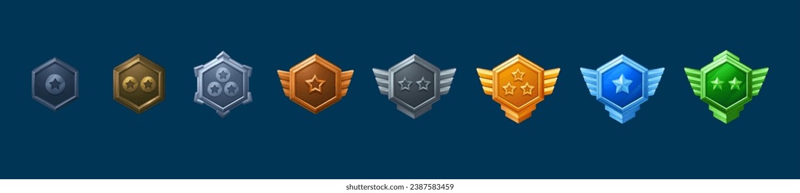 Medalla y insignia con estrella y alas para el diseño de nivel ui del juego. Ilustración vectorial de dibujos animados conjunto de varias etiquetas coloridas de los premios de gui hexagonal y trofeo para el logro. emblema de recompensa medieval.