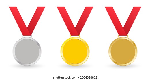 Medal blank set. Gold, silver and bronze medals with ribbon. Award, prize, 1st, 2nd, 3rd place concept. Vector illustration.