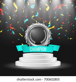 Medal with blue ribbon and confetti on a white podium. Metallic winner award. Vector illustration.