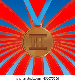medal in bronze on a background of red ribbons
