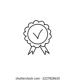 Medal with check mark hand drawn icon. Best sketch approval and presentation of award for certified winner of vector competition