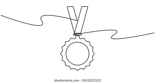 medal continuous one line drawing, Award win ribbon continuous line art drawn. Certificate badge contour line. Vector illustration isolated on white, Success Stories Continuous Line Editable Stroke