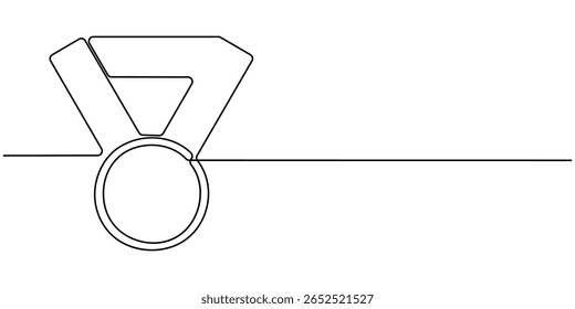 medalha contínua uma linha de desenho, Prêmio ganhar fita contínua linha arte desenhada. Linha de contorno do crachá do certificado. Ilustração vetorial isolada em branco, Histórias de sucesso Linha contínua Editável Traço