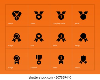 Medal and cup icons on orange background. Vector illustration.