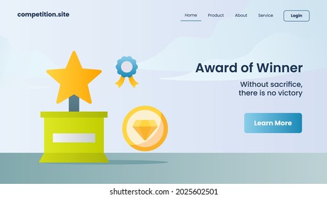 medal, diamond and trophy as award of winner with tagline without sacrifice there is no victory for website template landing homepage