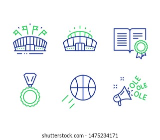 Medal, Diploma and Sports arena line icons set. Basketball, Arena stadium and Ole chant signs. Winner, Document with badge, Event stadium. Sport ball. Sports set. Line medal outline icons. Vector