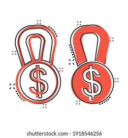 Medal with dollar icon in comic style. Money award trophy cartoon vector illustration on white isolated background. Banknote bill splash effect business concept.