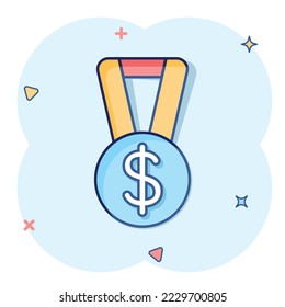 Medal with dollar icon in comic style. Money award trophy cartoon vector illustration on white isolated background. Banknote bill splash effect business concept.
