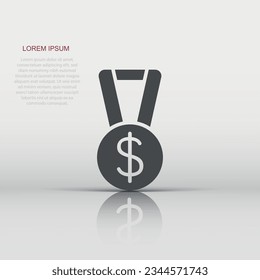 Medal with dollar icon in flat style. Money award trophy vector illustration on white isolated background. Banknote bill business concept.