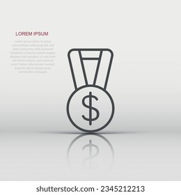 Medal with dollar icon in flat style. Money award trophy vector illustration on white isolated background. Banknote bill business concept.