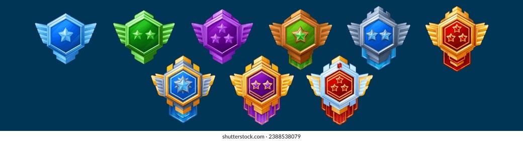 Medal and emblem with star, ribbon and wings for game interface level rank design. Cartoon vector illustration set of various colorful hexagon gui medieval award labels and trophy for achievement.