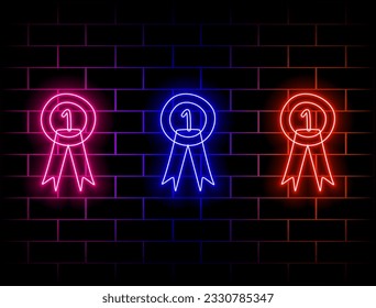medal first icon. Awards elements in neon style icons. Simple icon for websites, web design, mobile app, info graphics isolated on brick wall.