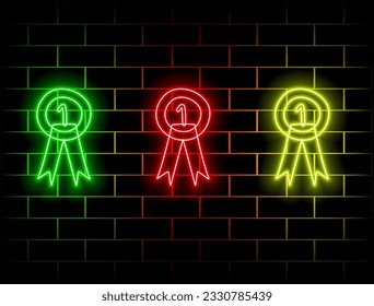 medal first icon. Awards elements in neon style icons. Simple icon for websites, web design, mobile app, info graphics isolated on brick wall. many colors.