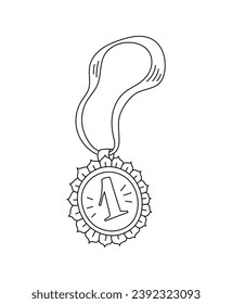 Medal. First place. Competition award. Hand drawn sketch outline contour black line vector. Editable stroke. Outline contour line.