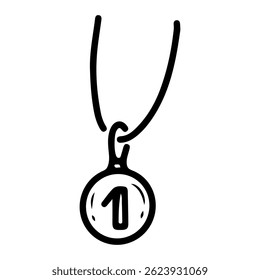 Medalla por el primer lugar. Doodle dibujado a mano. Premio por ganar. Premio. Para ser colgado en el cuello. Ilustración de arte de línea de Vector.