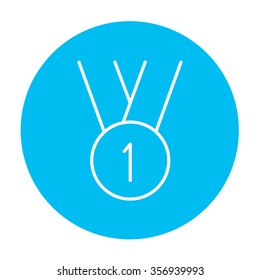 The medal for the first place line icon for web, mobile and infographics. Vector white icon on the light blue circle isolated on white background.