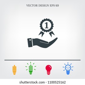 Medal for the first place on the hand. Vector icon.