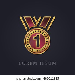 Medal First Place Red Ruby with Golden Frame Precious Jewellery Icon / Logo Design
