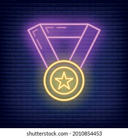 Medal first place star icon glow neon style, educational institution process, back to school color outline flat vector illustration, isolated on black. Concept supplies symbol, community college.