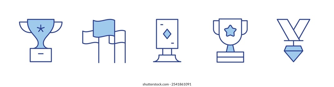 medalha, bandeiras, vencedor, prêmio, troféu. ícone ilustração vetorial. Estilo Duotônico da Linha. Traçado editável.