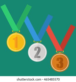Medal in flat style. Golden, silver and bronze medals.