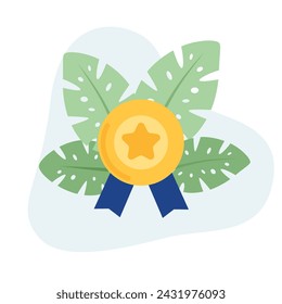 Medal flat vector Illustration icon decorated with leaves for web use for recognition, prize, winner, achievement