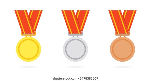 Conjunto de Vector plano de medalla. Medallas de oro, plata y bronce con cinta.