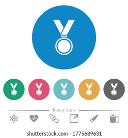 Medal flat white icons on round color backgrounds. 6 bonus icons included.